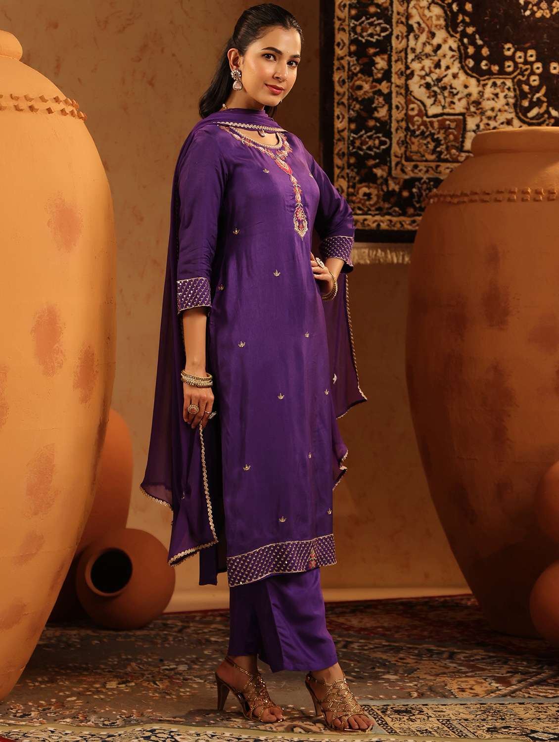 women embroidered three quarter sleeve kurta pant with dupatta set - 22142322 -  Standard Image - 1