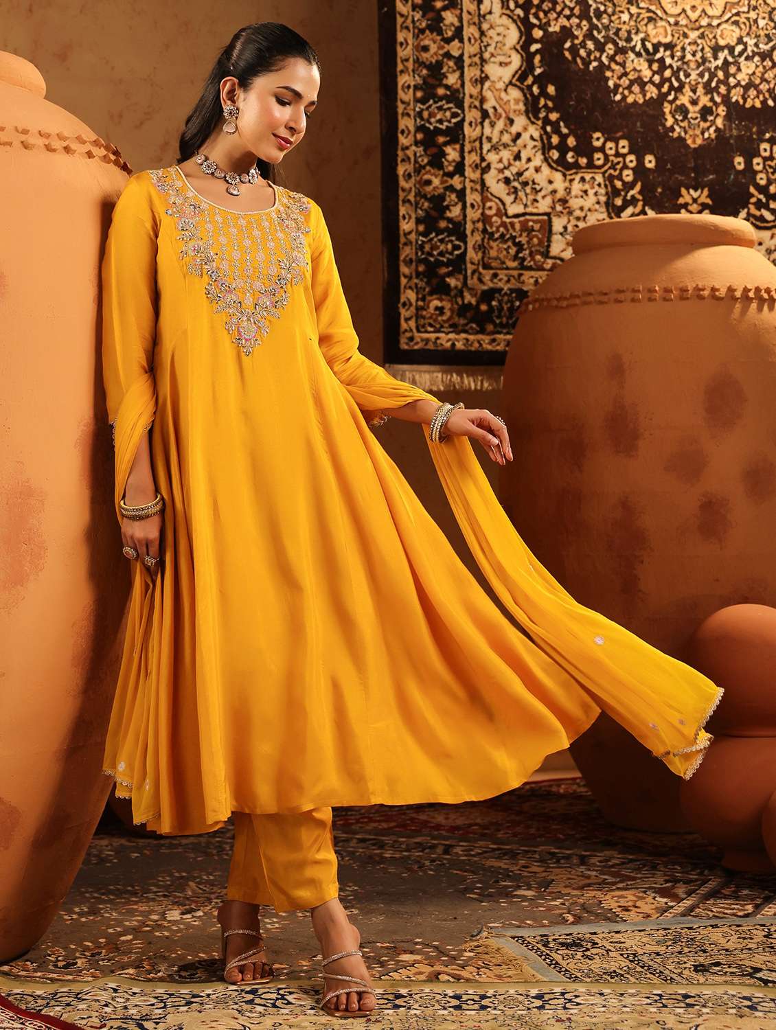 women embroidered three quarter sleeve kurta pant with dupatta set - 22142323 -  Standard Image - 1