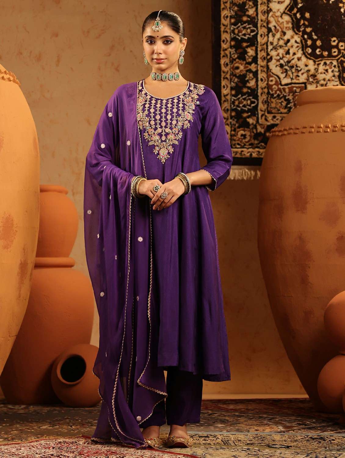women embroidered three quarter sleeve kurta pant with dupatta set