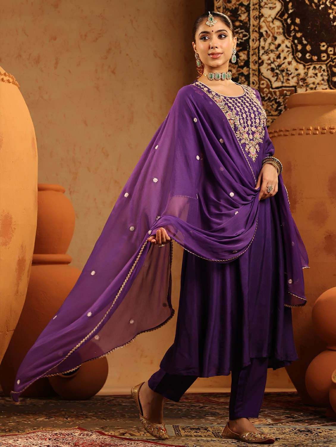 women embroidered three quarter sleeve kurta pant with dupatta set - 22142324 -  Standard Image - 1