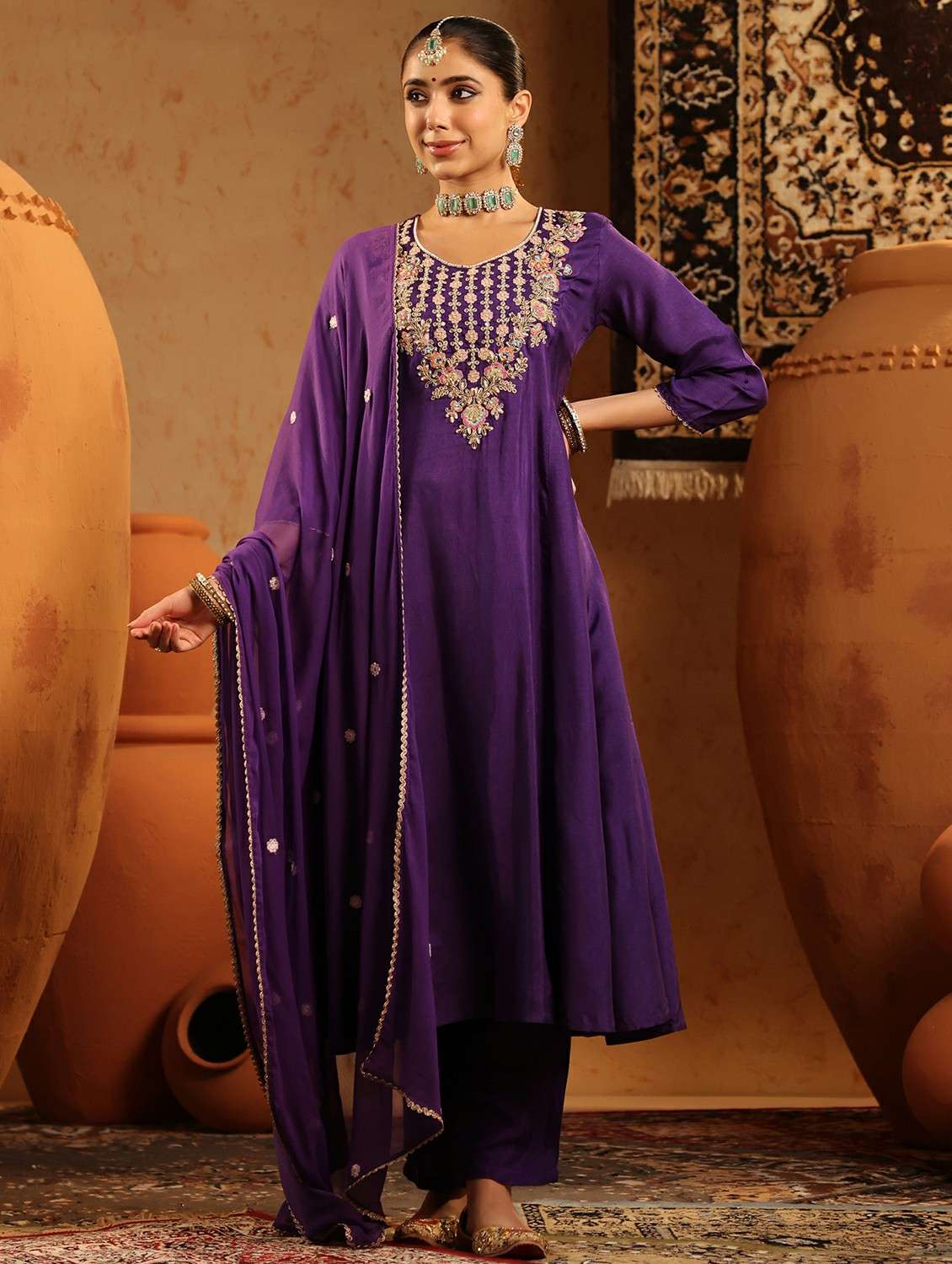 women embroidered three quarter sleeve kurta pant with dupatta set - 22142324 -  Standard Image - 4