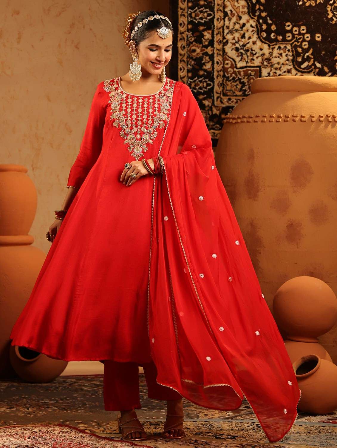 women embroidered three quarter sleeve kurta pant with dupatta set - 22142325 -  Standard Image - 1