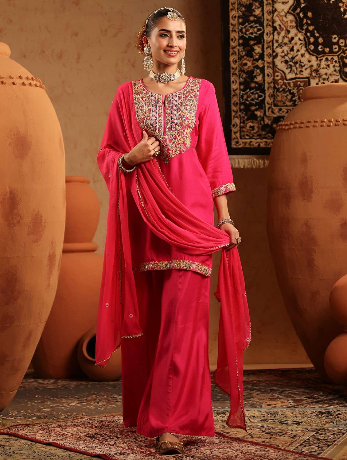 women embroidered three quarter sleeve kurta sharara with dupatta set - 22142326 -  Standard Image - 1