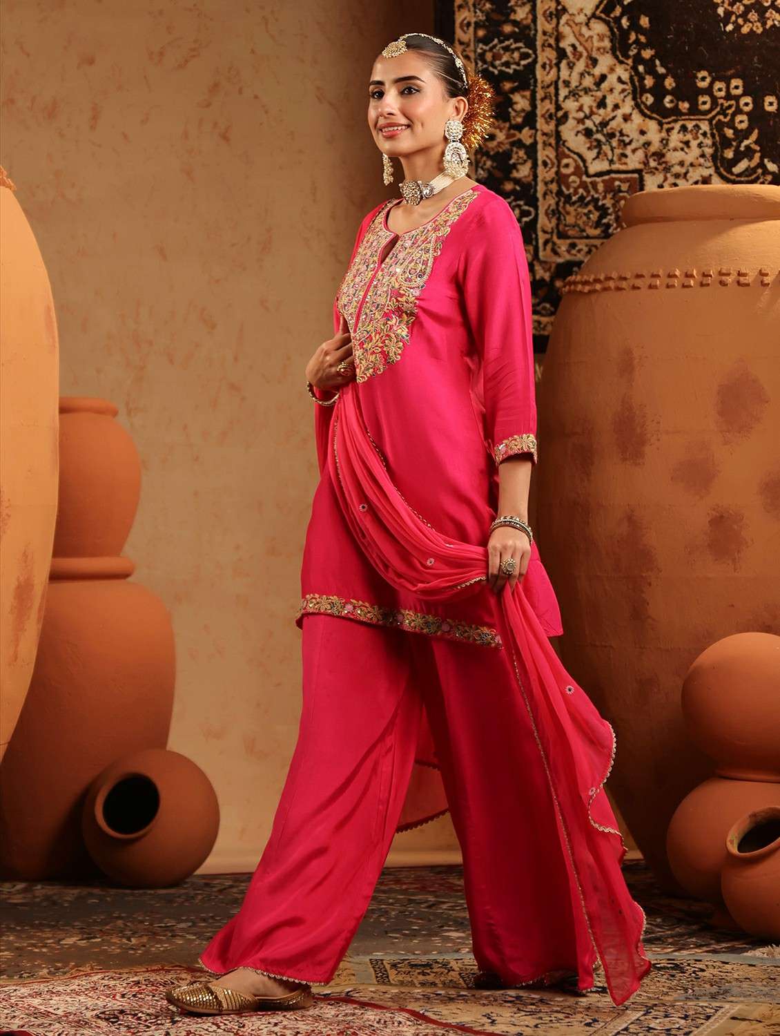 women embroidered three quarter sleeve kurta sharara with dupatta set - 22142326 -  Standard Image - 4