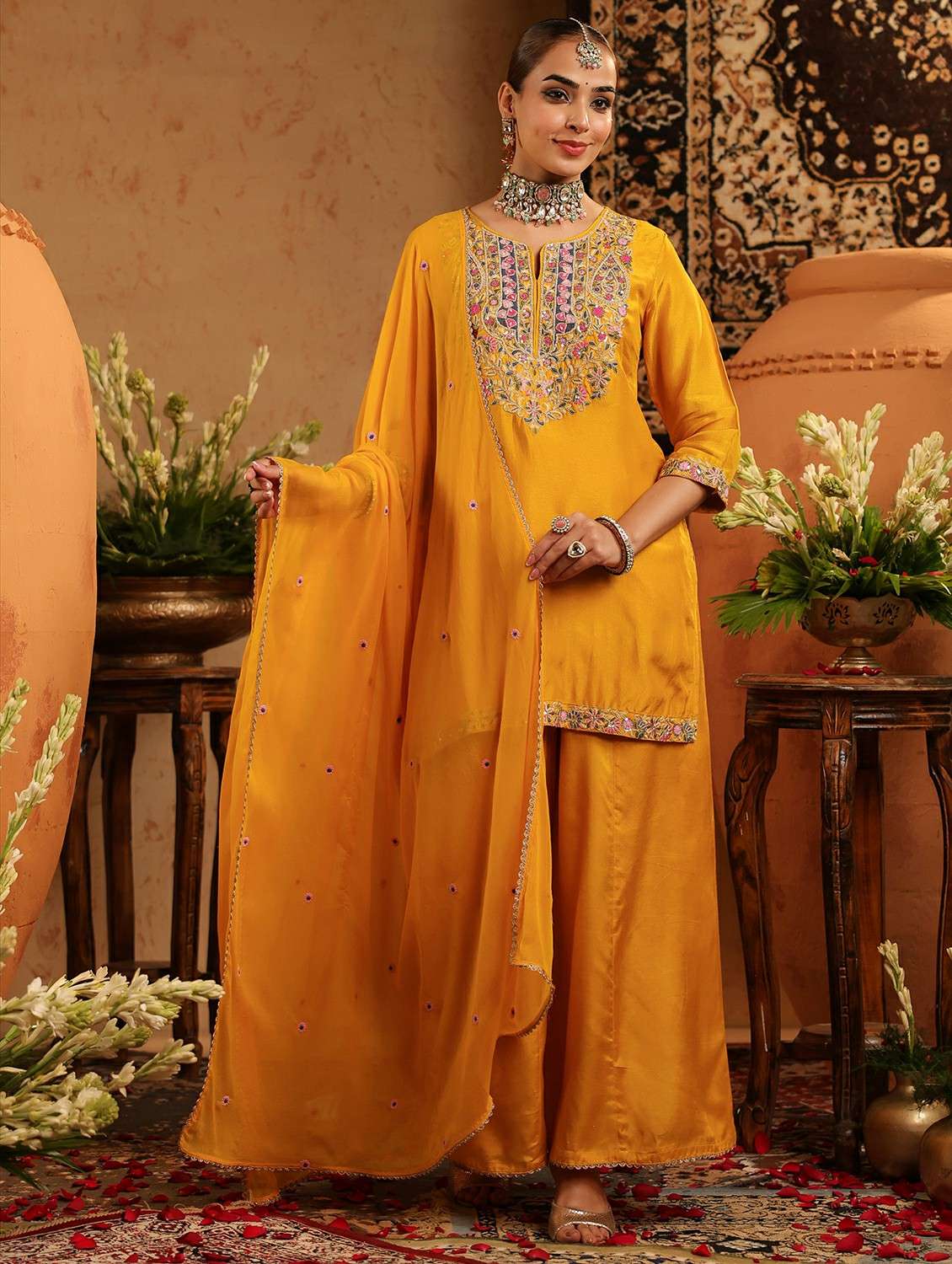 women embroidered three quarter sleeve kurta sharara with dupatta set