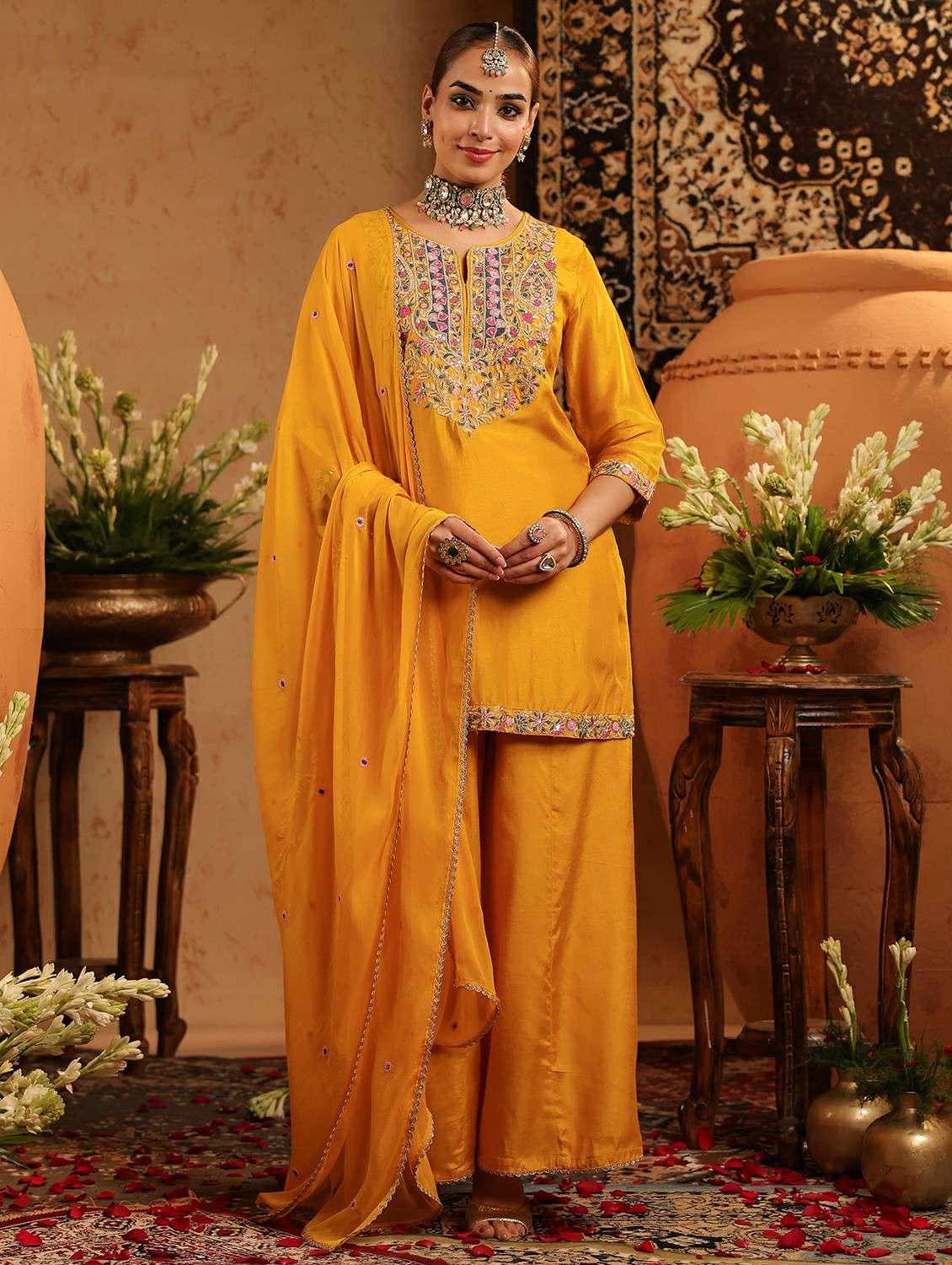 women embroidered three quarter sleeve kurta sharara with dupatta set - 22142327 -  Standard Image - 1
