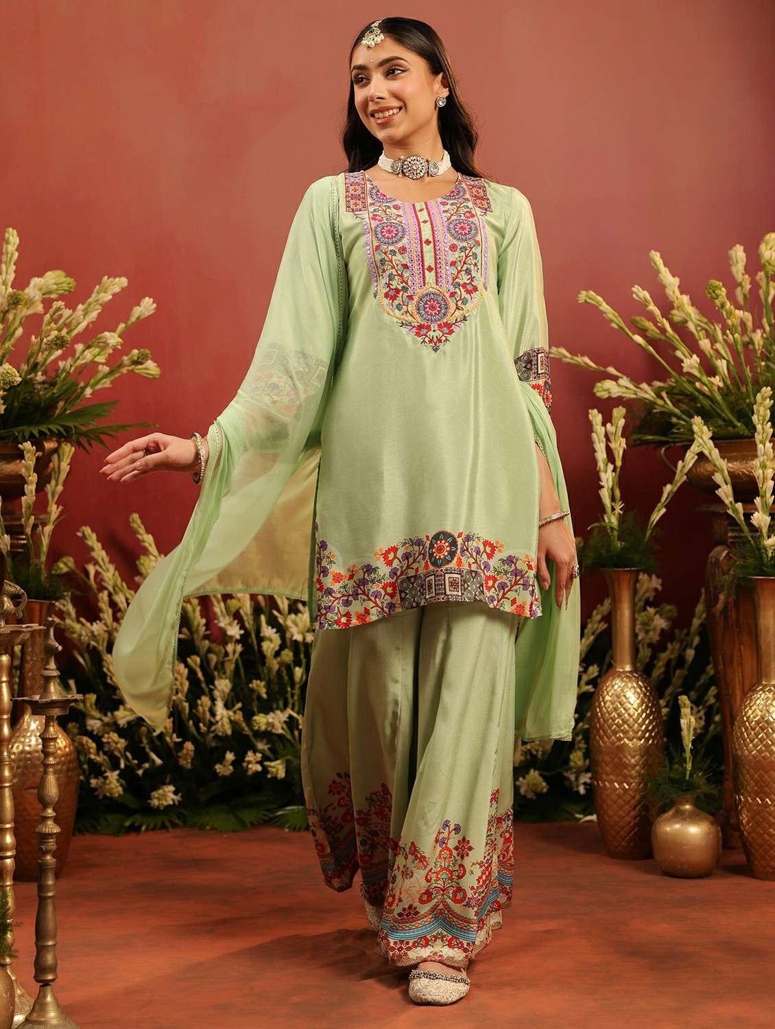 women embroidered three quarter sleeve kurta sharara with dupatta set - 22142328 -  Standard Image - 1
