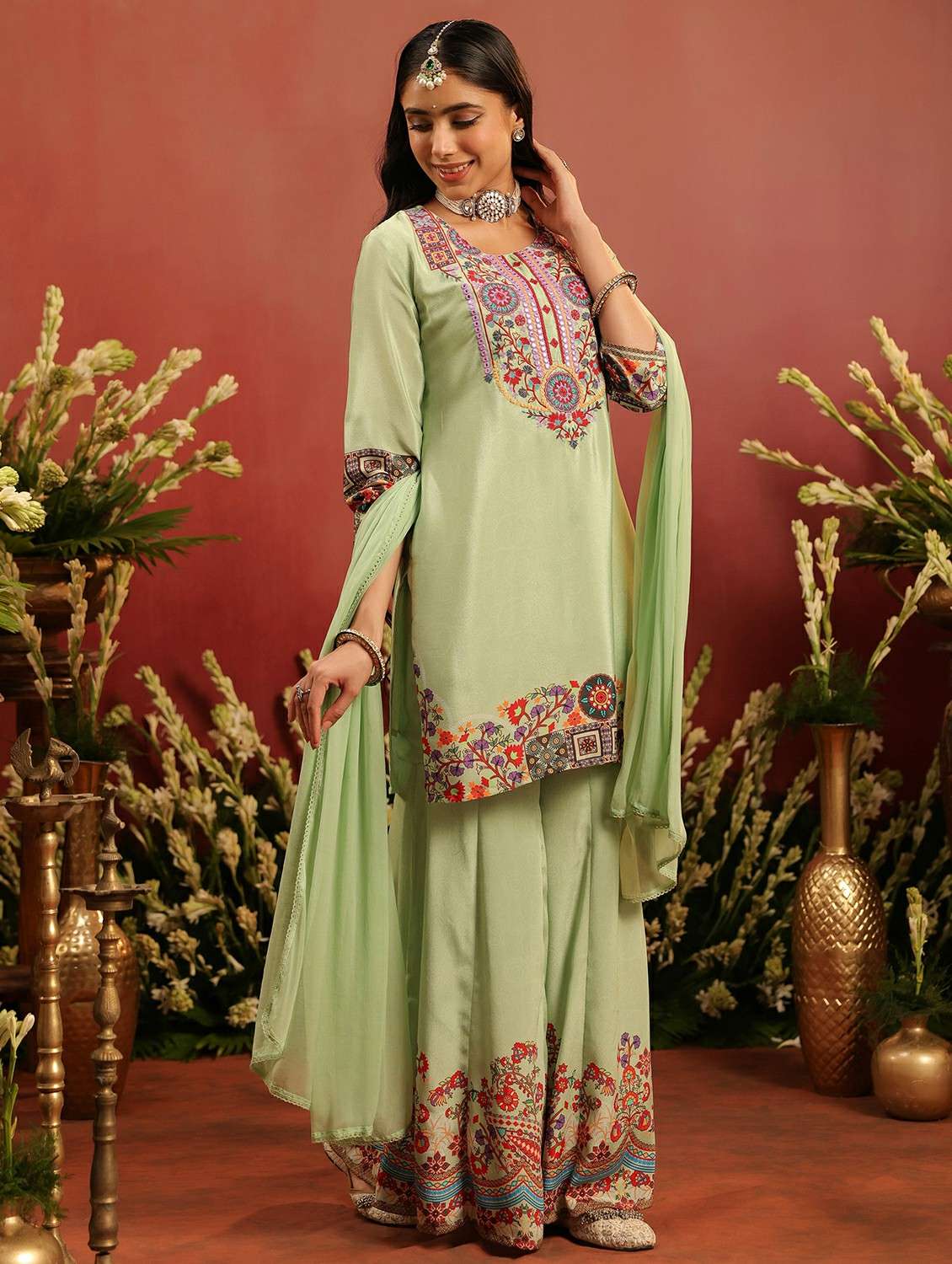 women embroidered three quarter sleeve kurta sharara with dupatta set - 22142328 - Standard Image - 4