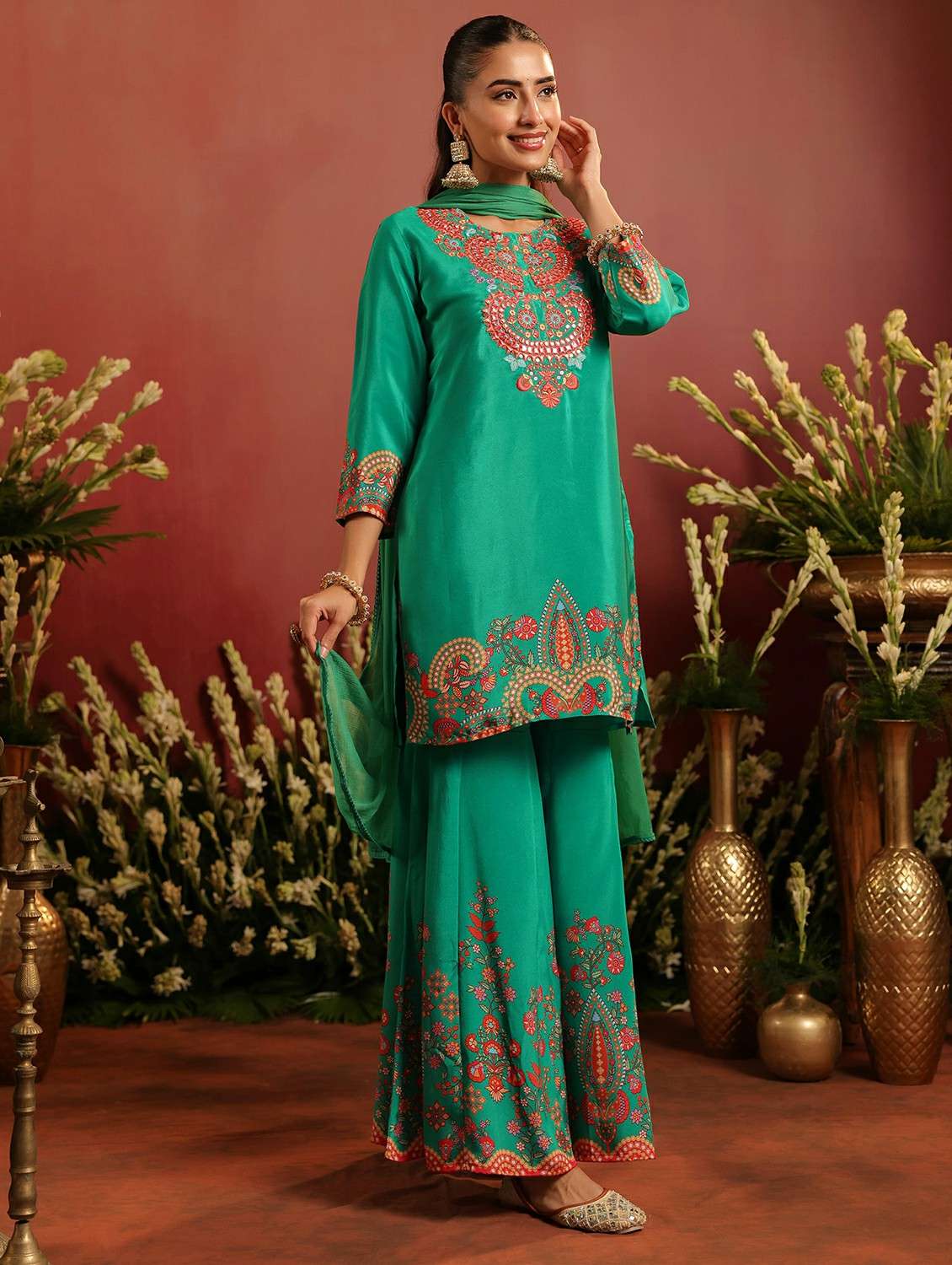women embroidered three quarter sleeve kurta sharara with dupatta set - 22142329 - Standard Image - 1