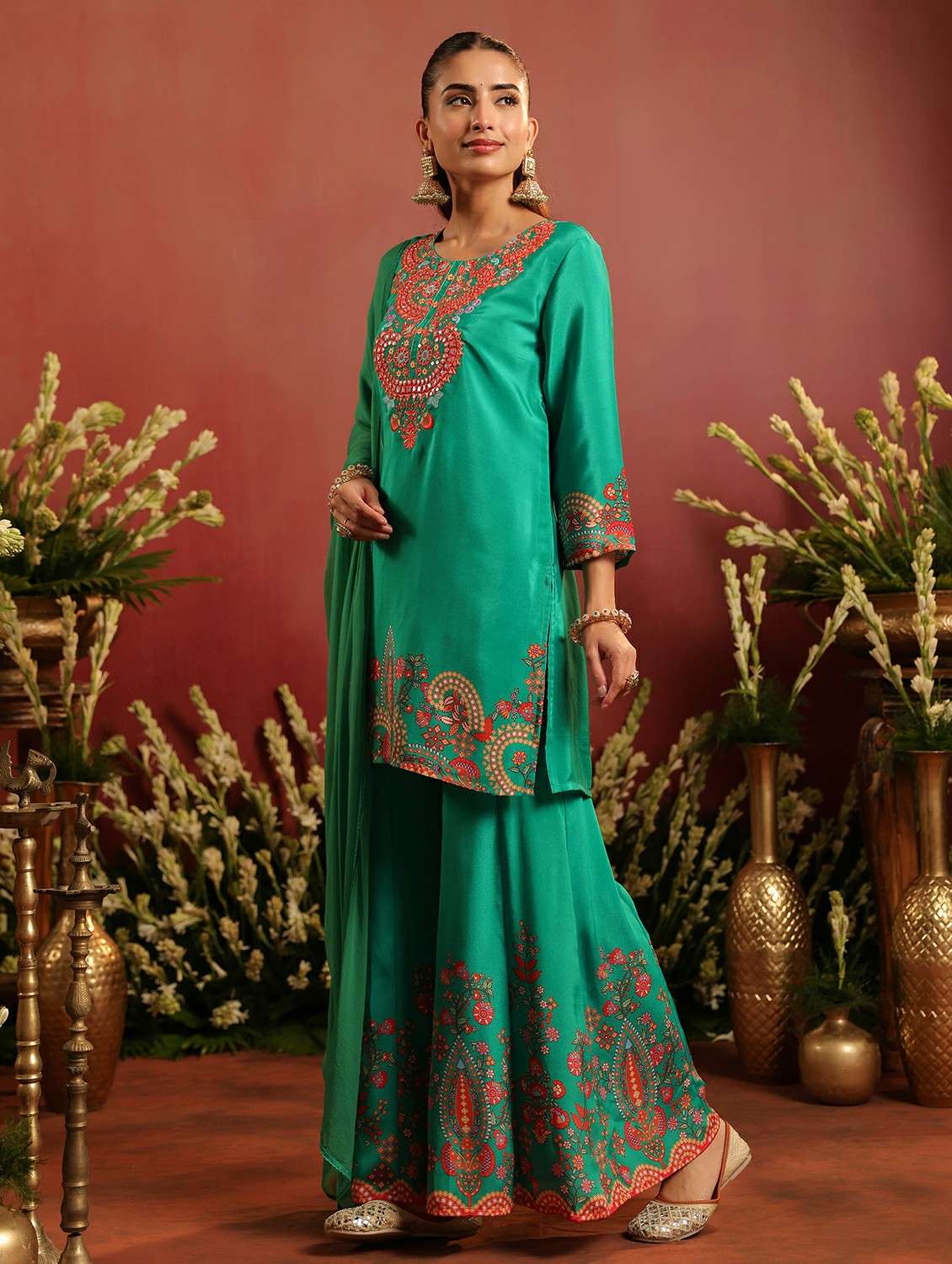 women embroidered three quarter sleeve kurta sharara with dupatta set - 22142329 - Standard Image - 4