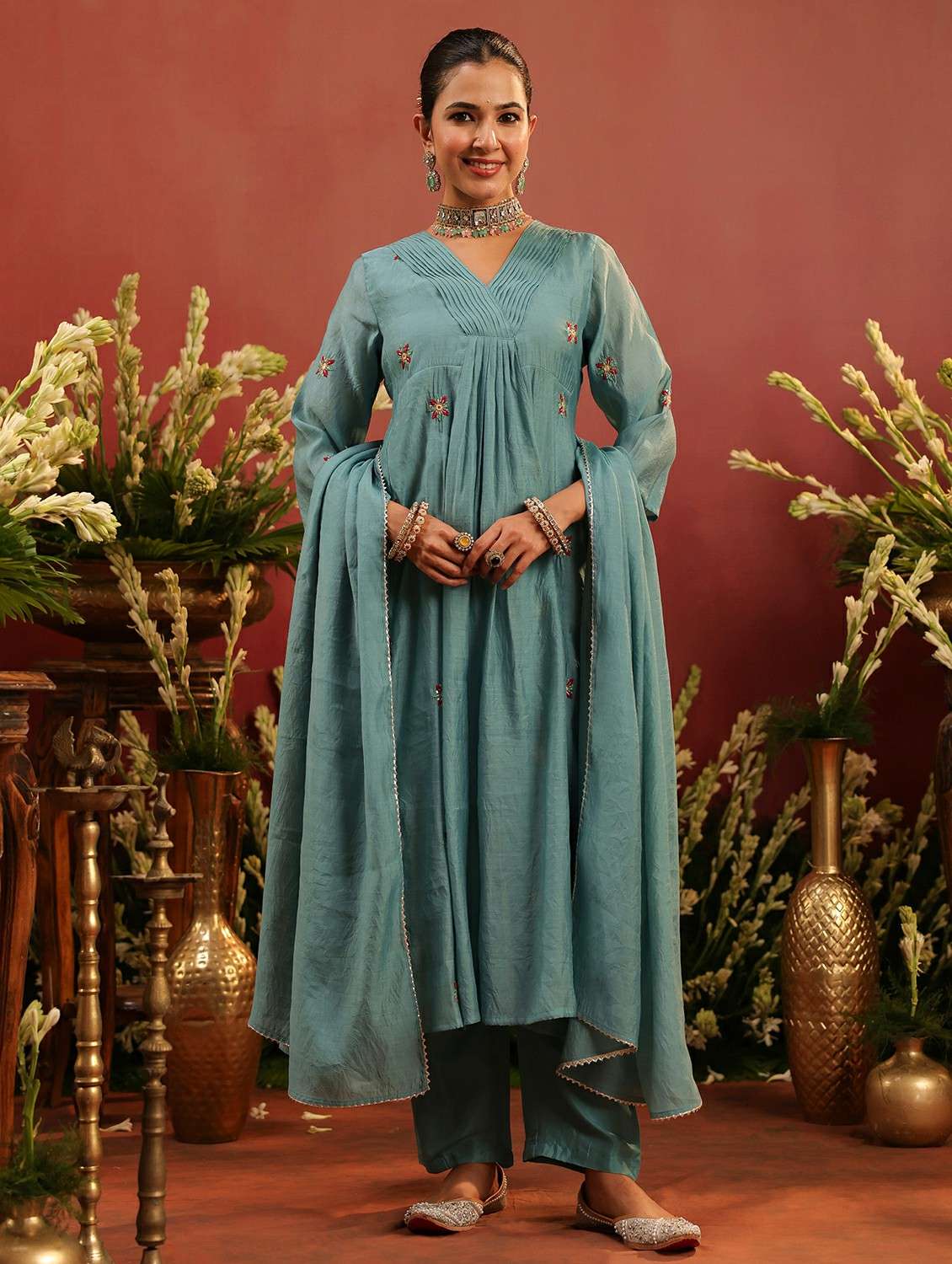 women embroidered three quarter sleeve kurta pant with dupatta set - 22142330 -  Standard Image - 1