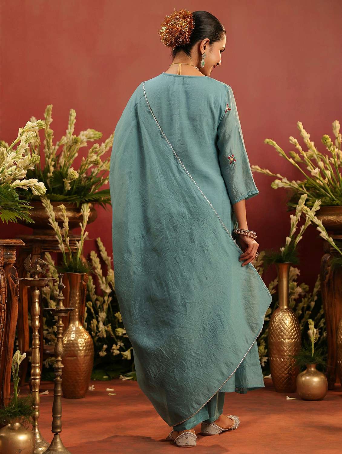 women embroidered three quarter sleeve kurta pant with dupatta set - 22142330 -  Standard Image - 6
