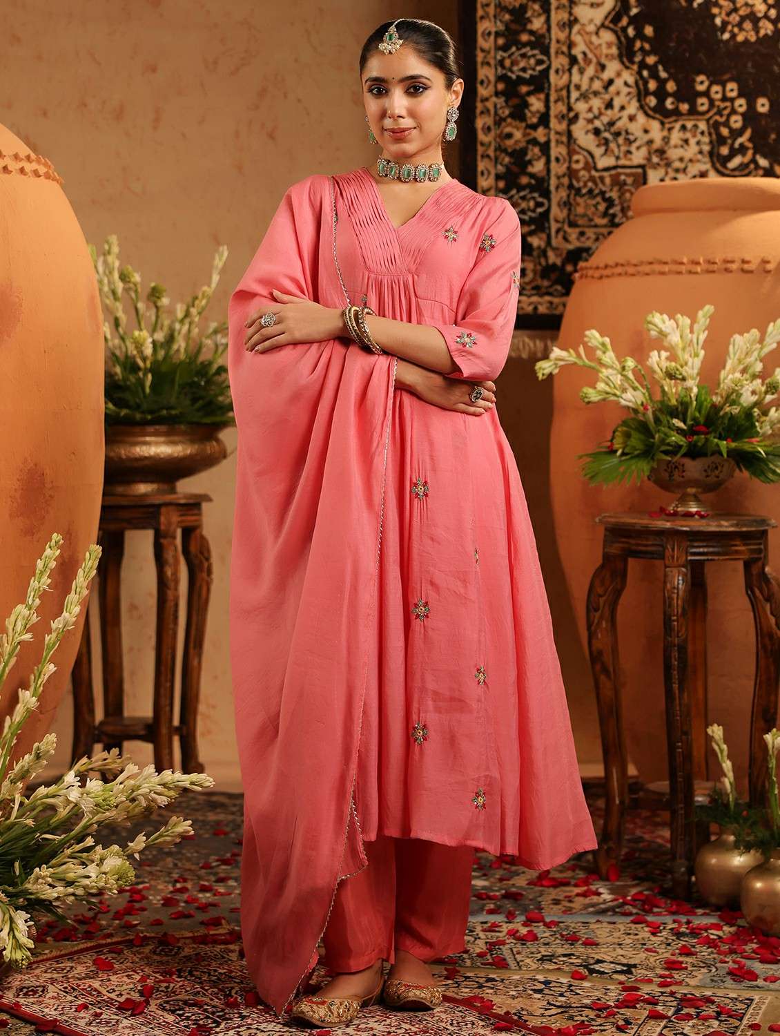 women embroidered three quarter sleeve kurta pant with dupatta set - 22142331 -  Standard Image - 1
