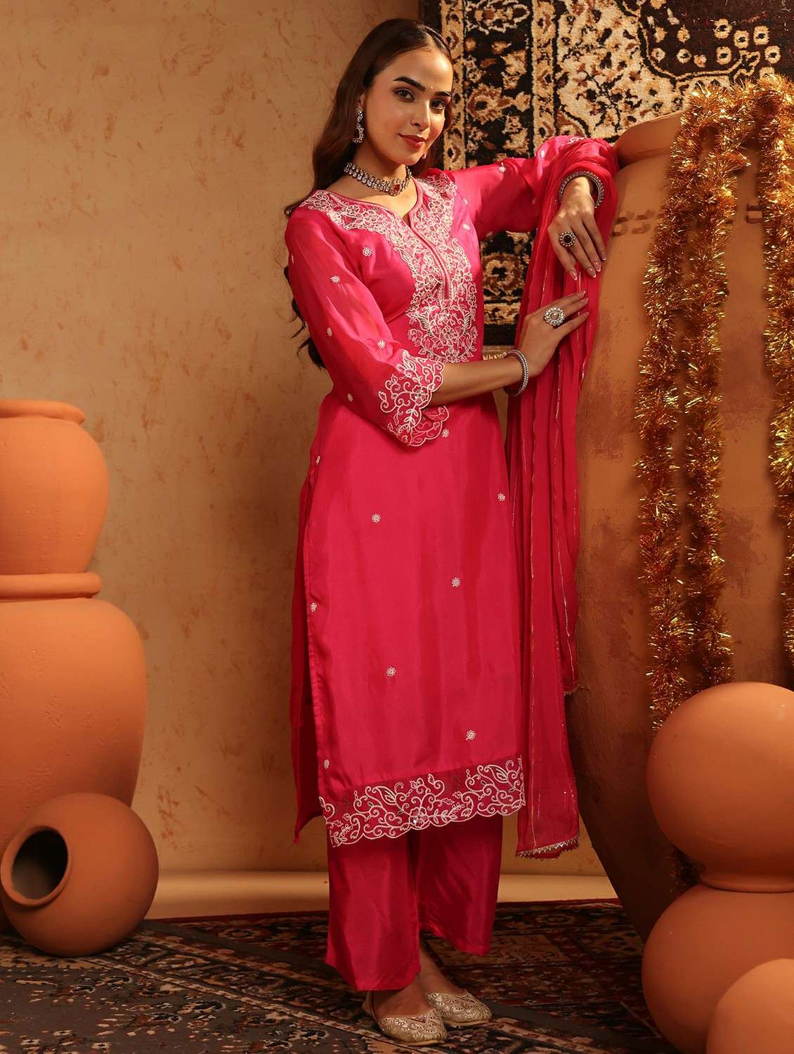women embroidered three quarter sleeve kurta pant with dupatta set - 22142332 -  Standard Image - 1