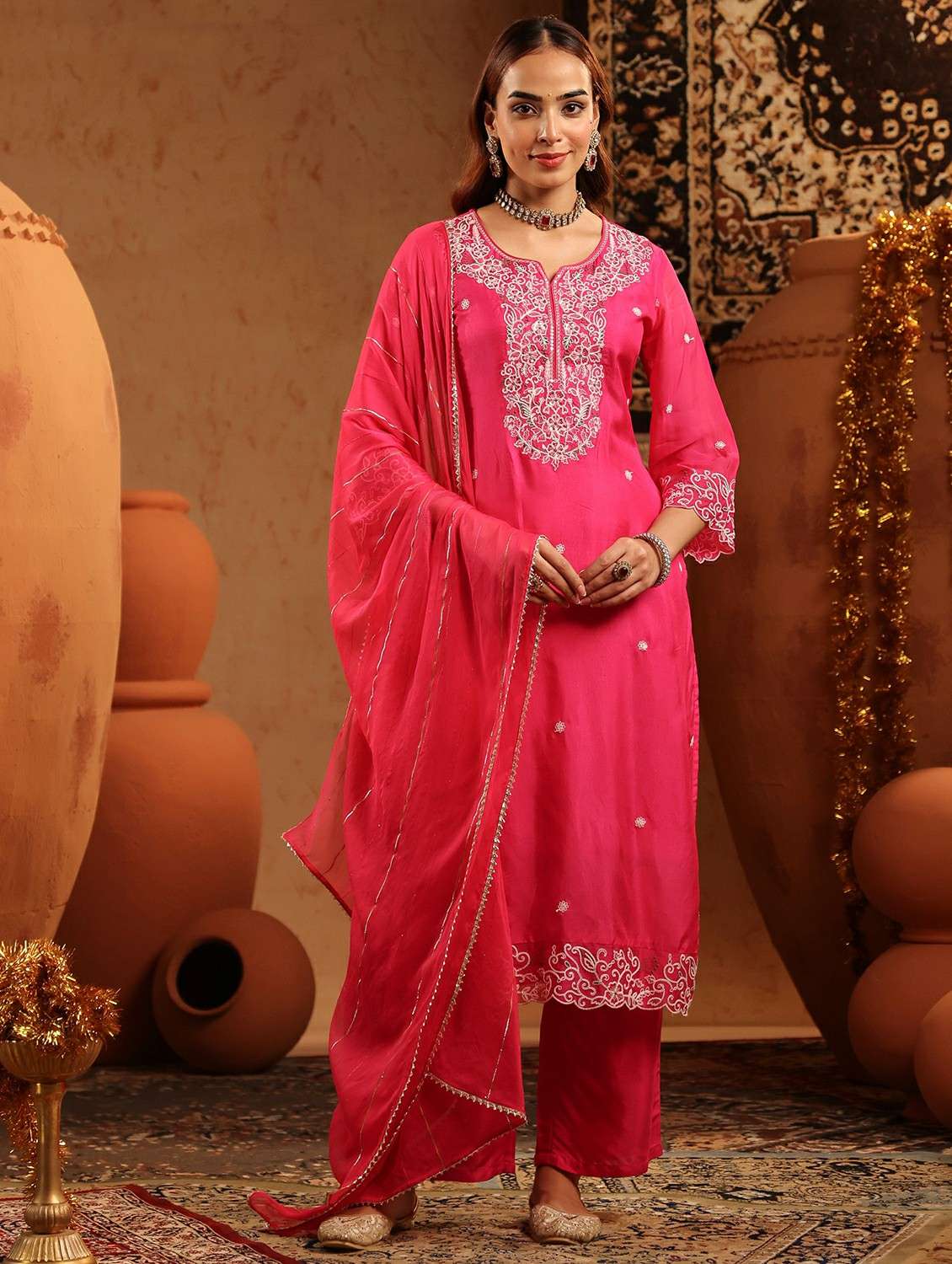 women embroidered three quarter sleeve kurta pant with dupatta set - 22142332 -  Standard Image - 4