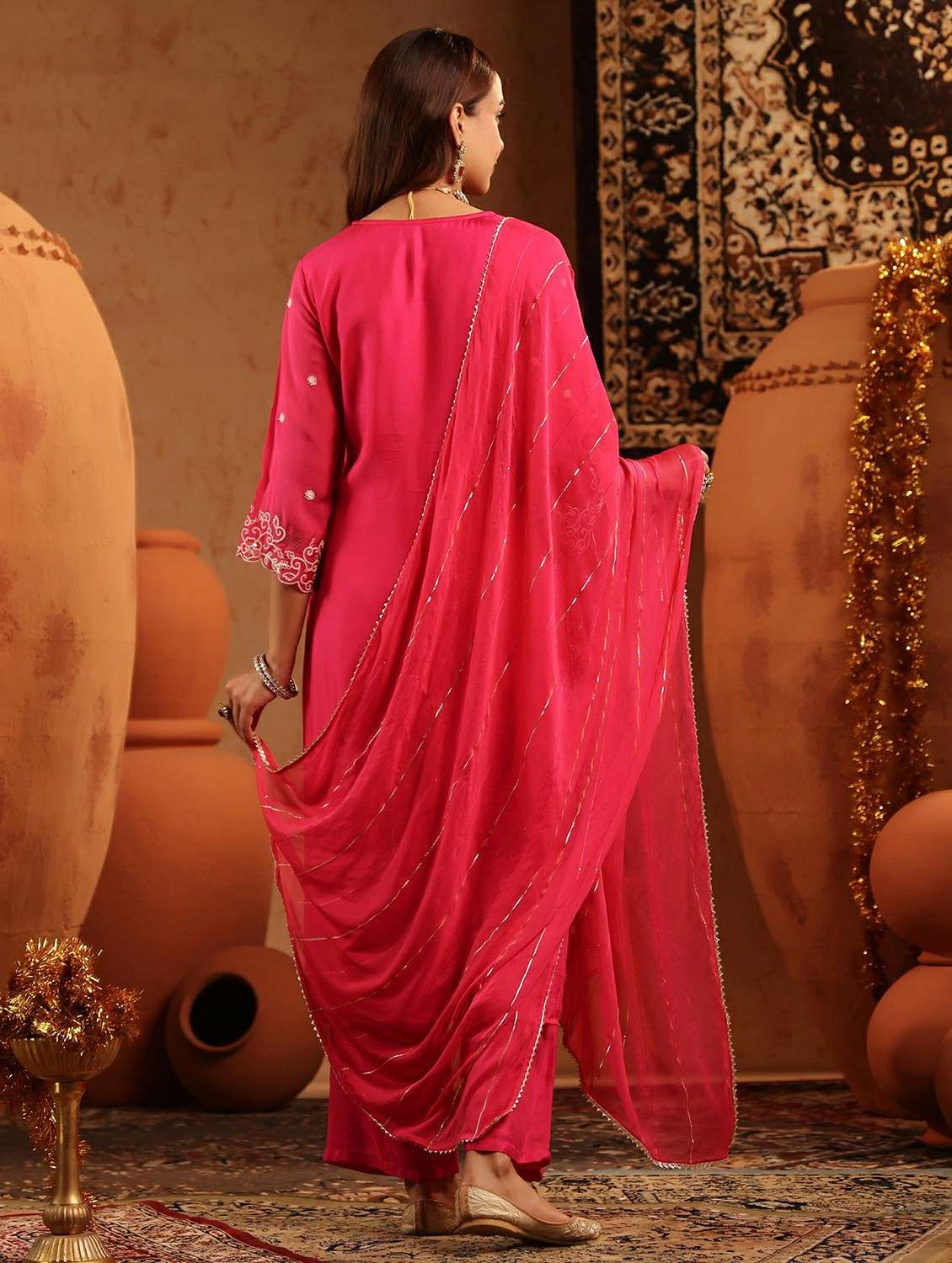 women embroidered three quarter sleeve kurta pant with dupatta set - 22142332 -  Standard Image - 6