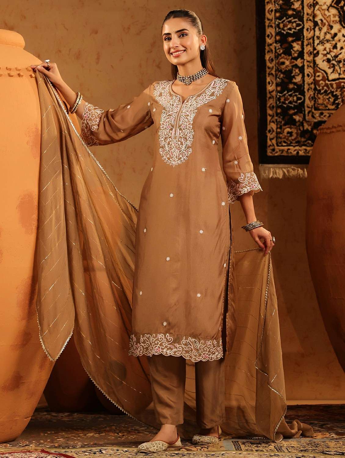 women embroidered three quarter sleeve kurta pant with dupatta set - 22142333 -  Standard Image - 1