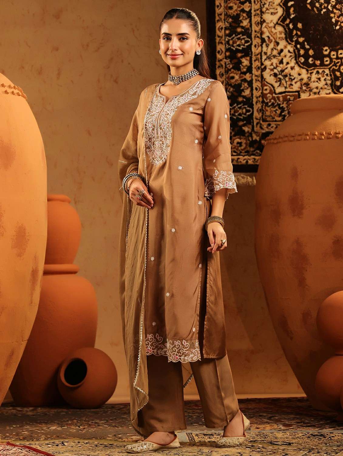 women embroidered three quarter sleeve kurta pant with dupatta set - 22142333 -  Standard Image - 4