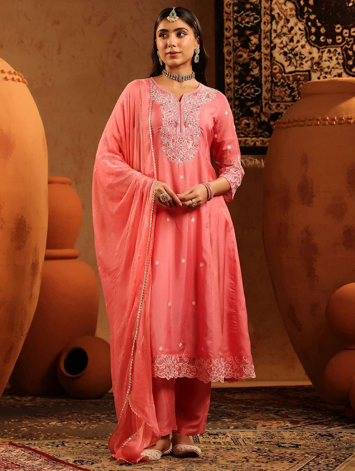 women embroidered three quarter sleeve kurta pant with dupatta set - 22142334 -  Standard Image - 1