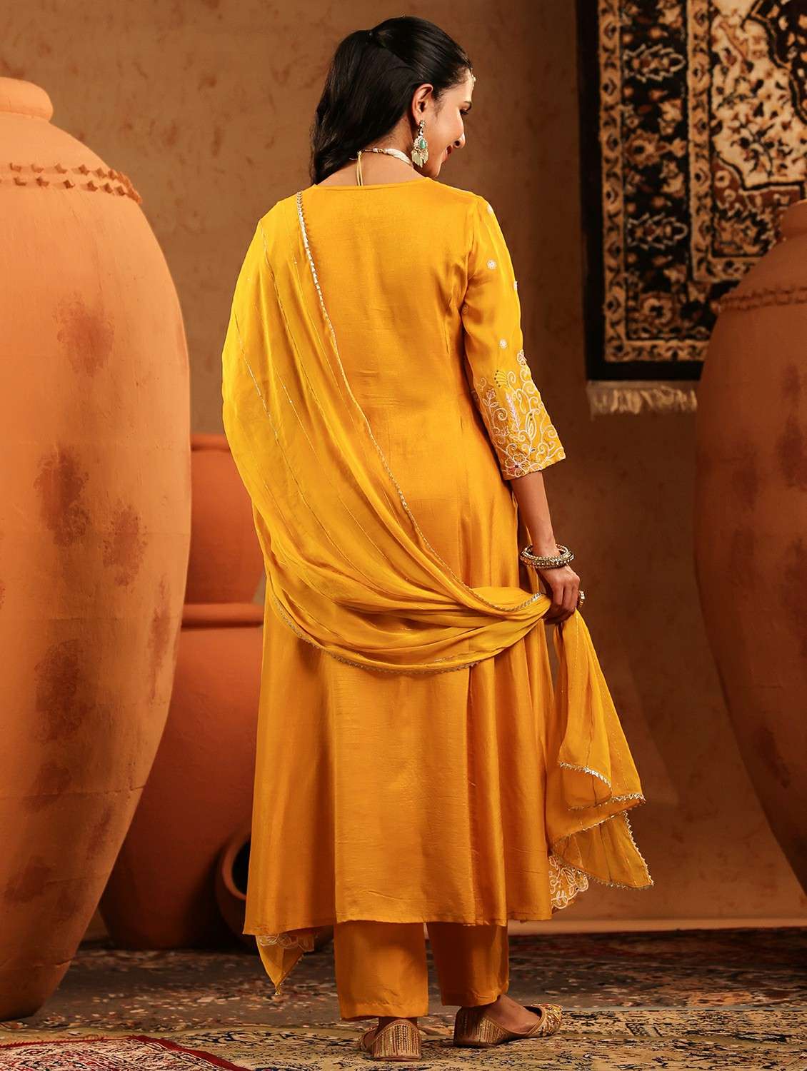 women embroidered three quarter sleeve kurta pant with dupatta set - 22142335 -  Standard Image - 6