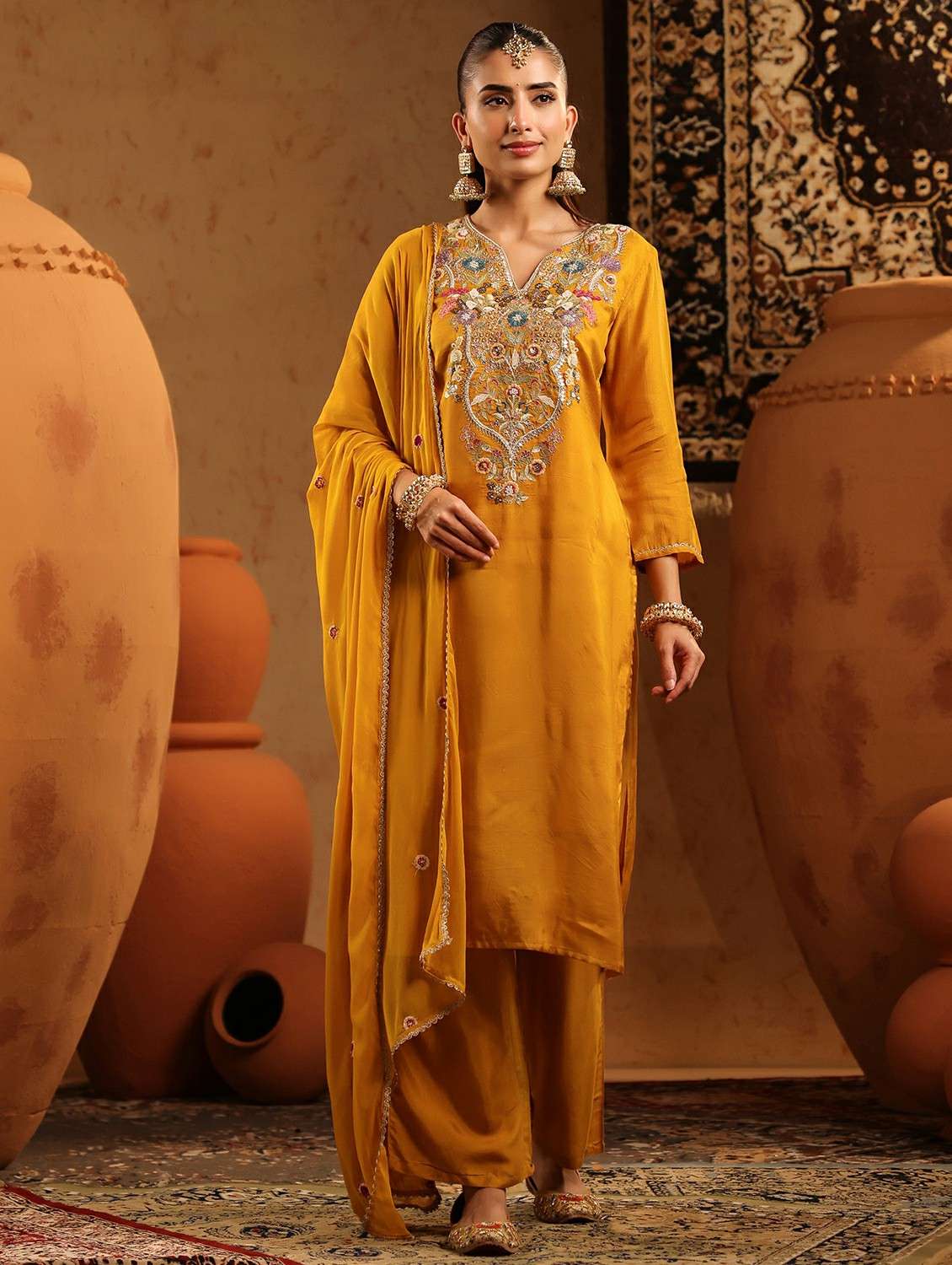 women embroidered three quarter sleeve kurta pant with dupatta set
