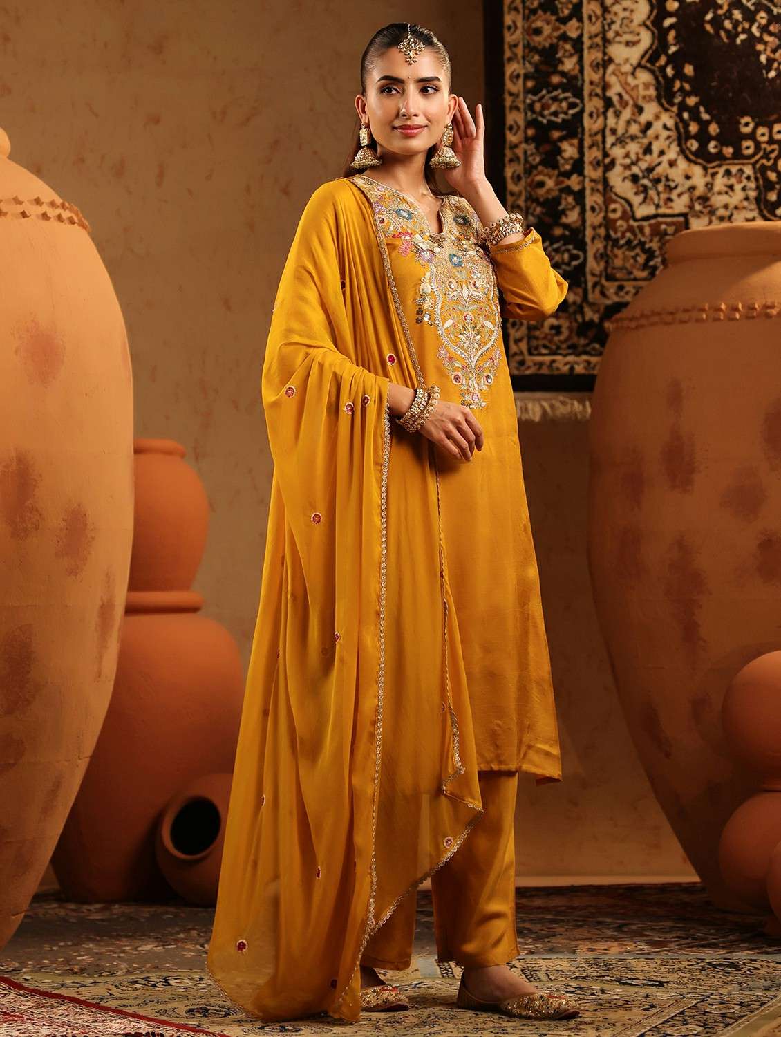 women embroidered three quarter sleeve kurta pant with dupatta set - 22142336 -  Standard Image - 1