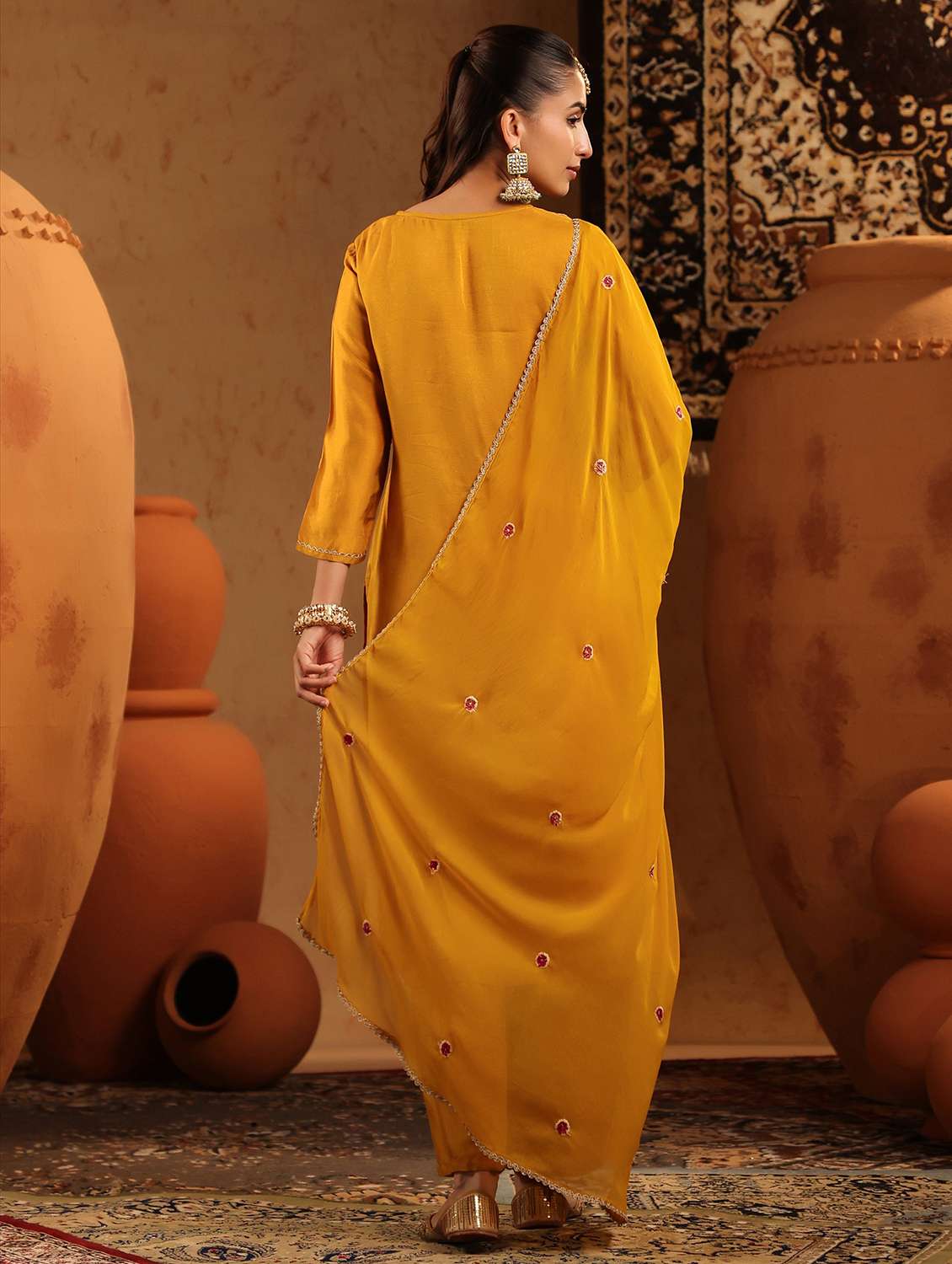 women embroidered three quarter sleeve kurta pant with dupatta set - 22142336 -  Standard Image - 6