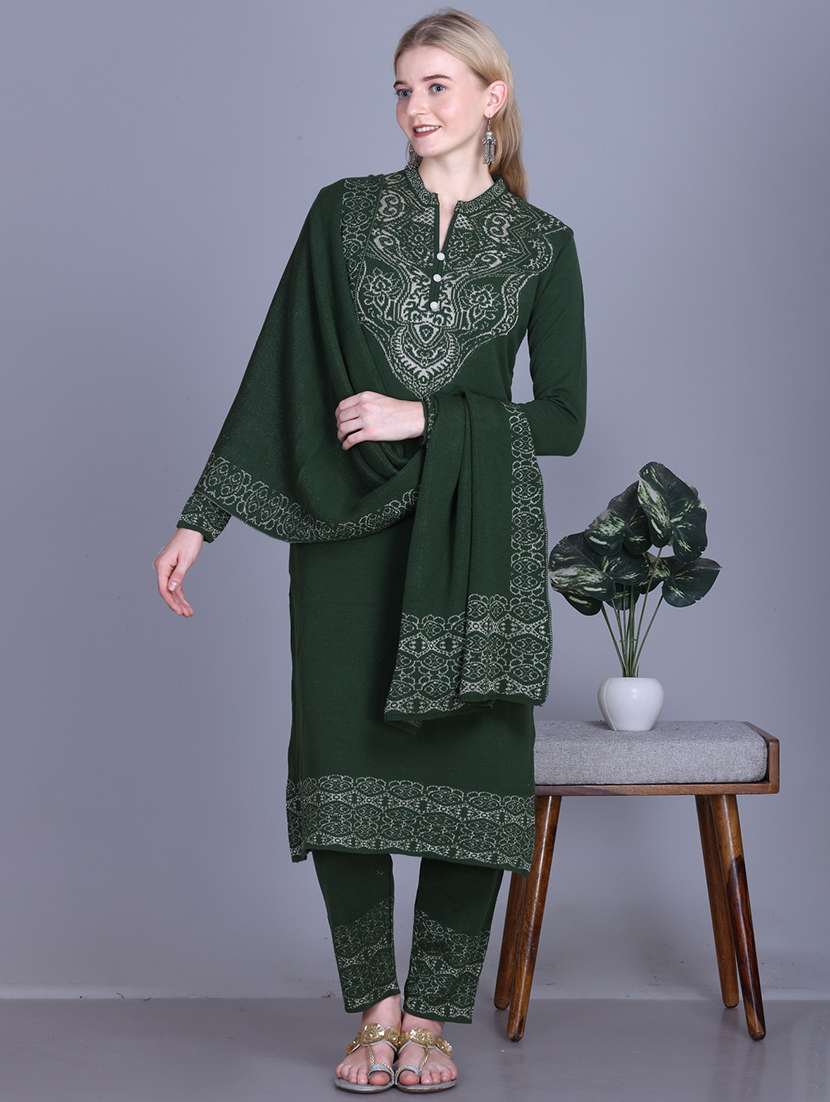 women self design long sleeve kurta pant with dupatta set