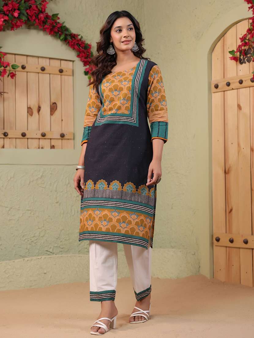 women printed three quarter sleeve kurta pant set - 22142416 -  Standard Image - 1