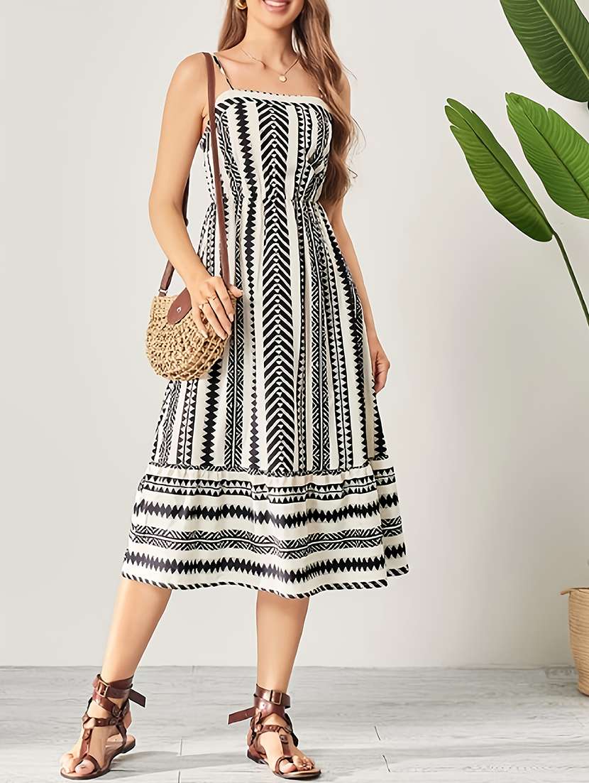 women printed shoulder strap tiered dress - 22142583 -  Standard Image - 1