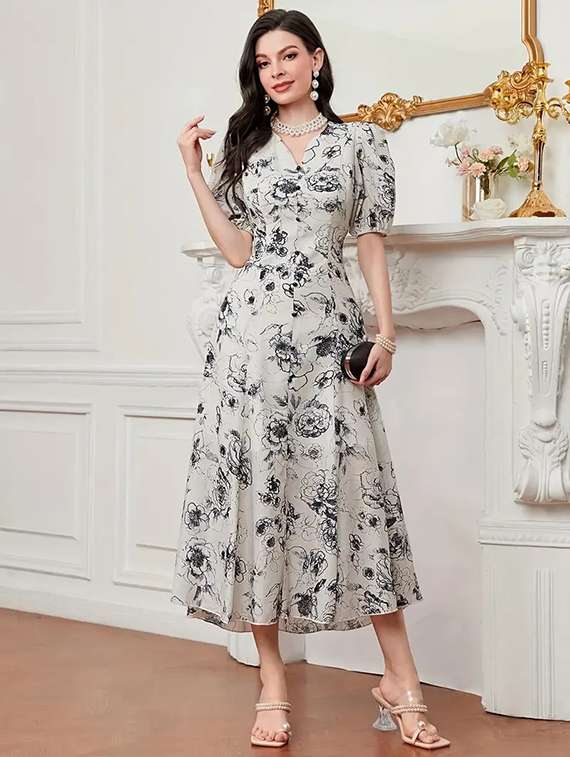 women floral print puff sleeev fit & flare dress - 22142584 - Standard Image - 1