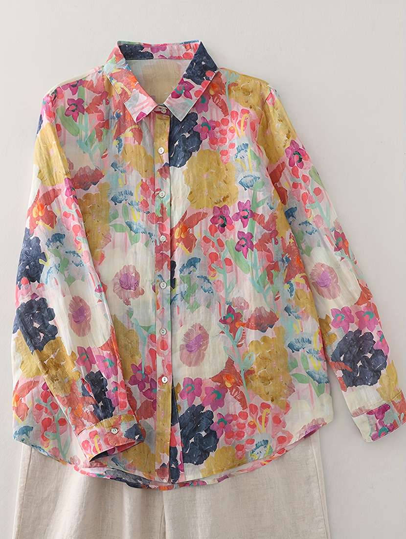 women printed collared long sleeve regular fit shirt