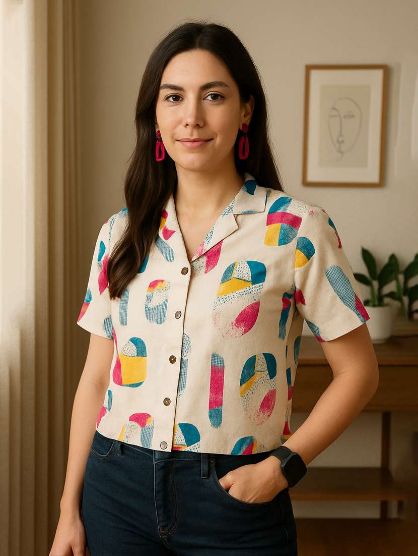 women printed collared short sleeve regular fit shirt