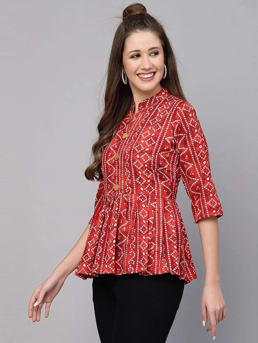 women bandhani print three quarter sleeve top - 22142596 -  Standard Image - 1