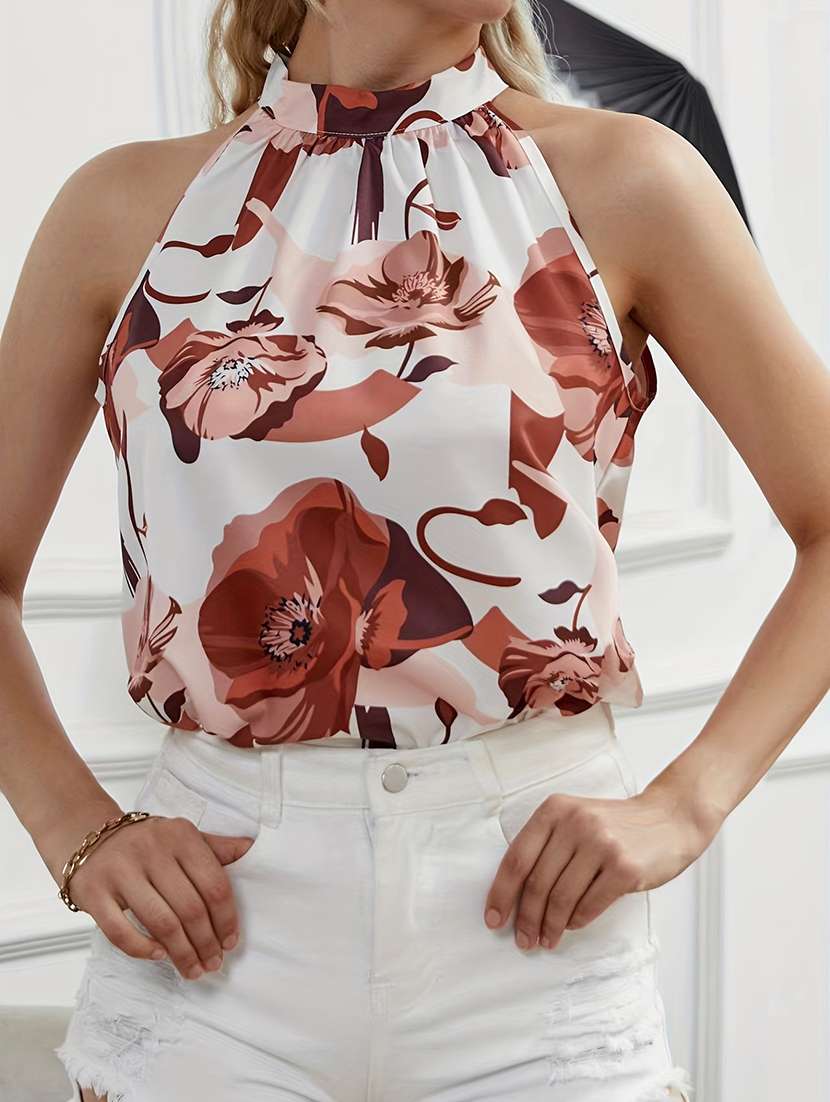 women floral print halter neck sleeveless top - 22142601 -  Standard Image - 1