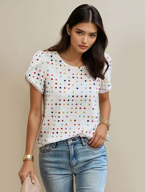 women polka doted tulip sleeve top - 22142604 -  Standard Image - 0