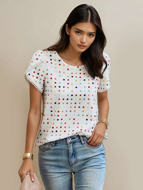 women polka doted tulip sleeve top