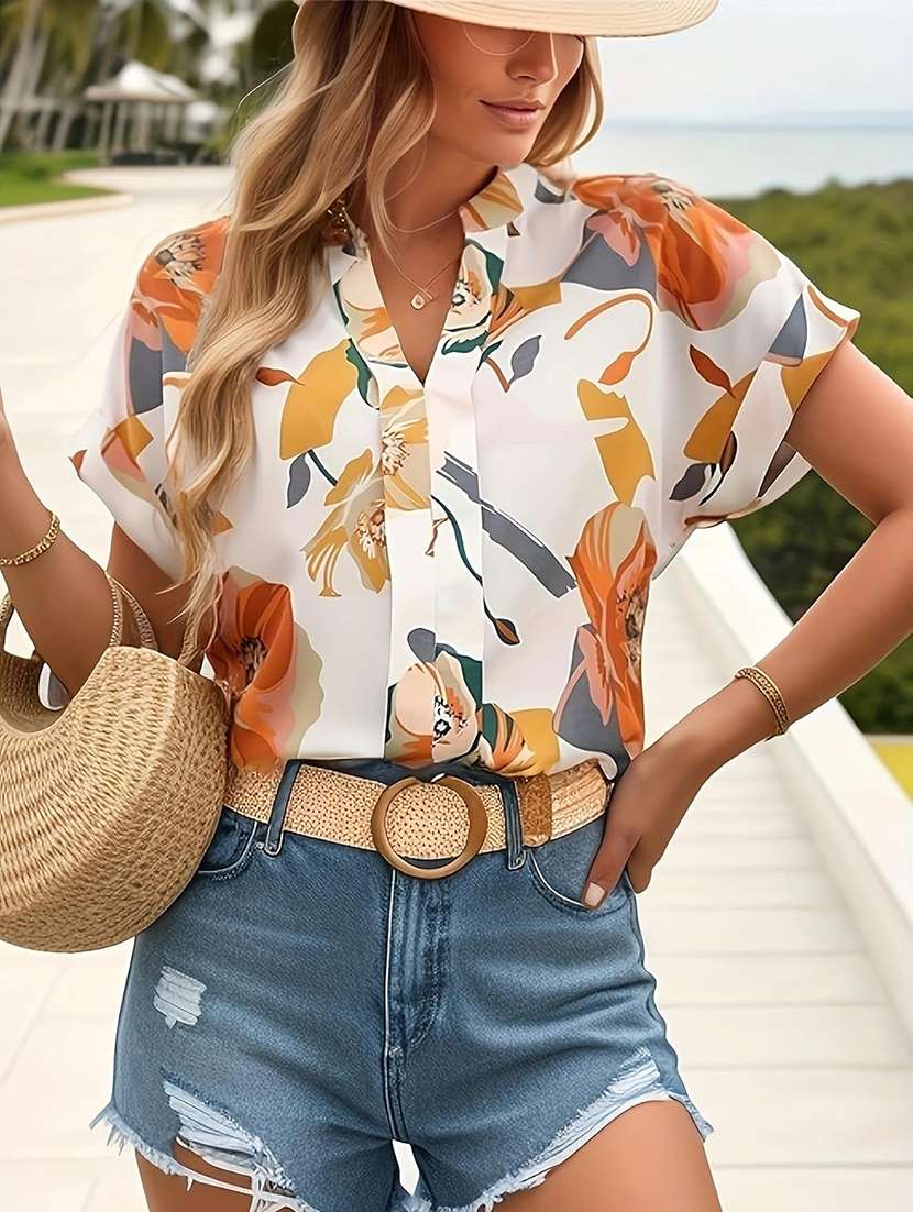 women floral print short sleeve regular top - 22142609 - Standard Image - 1