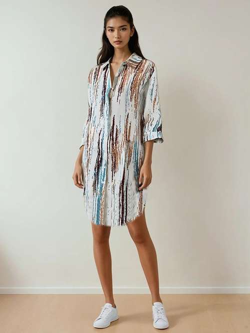 women printed three quarter sleeve shirt dress - 22142612 - Standard Image - 0