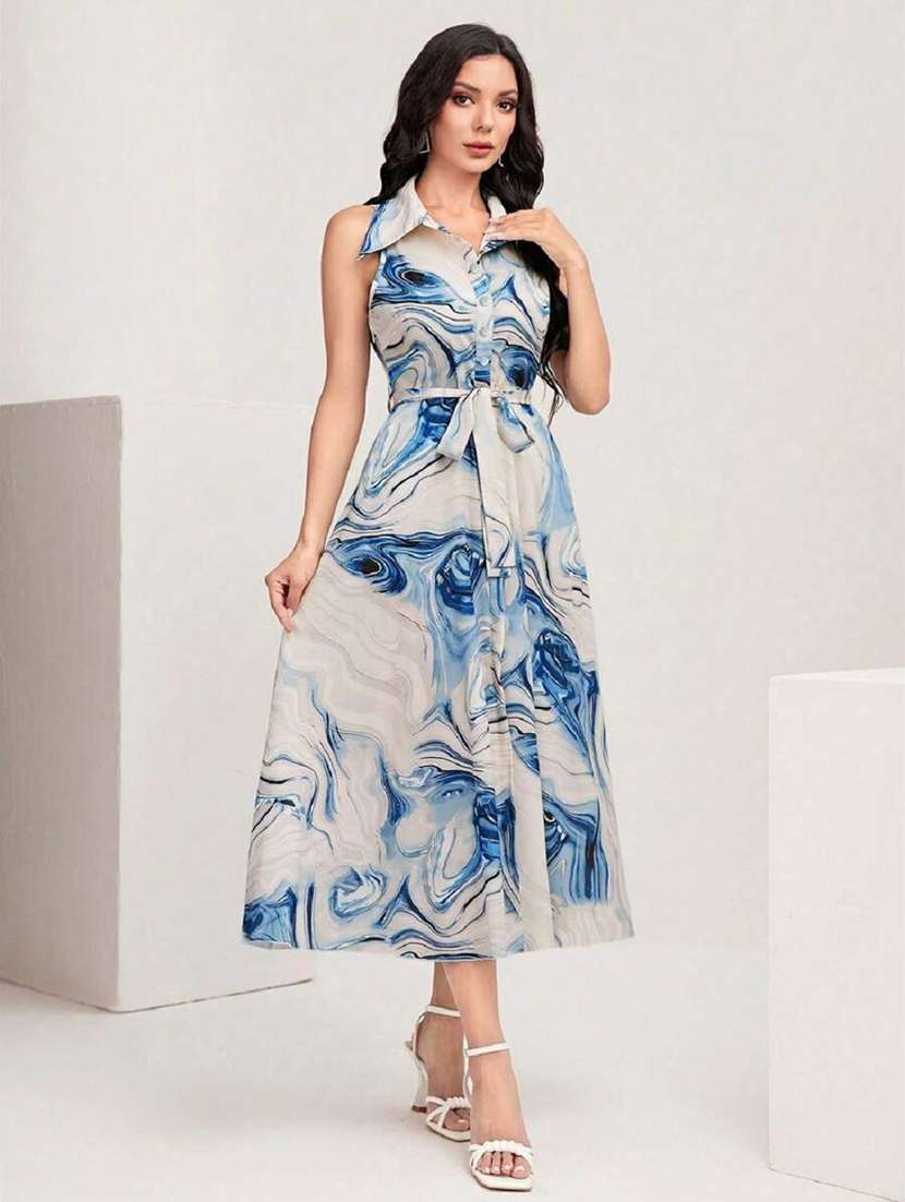 women printed collared sleeveless shirt dress - 22142613 -  Standard Image - 1