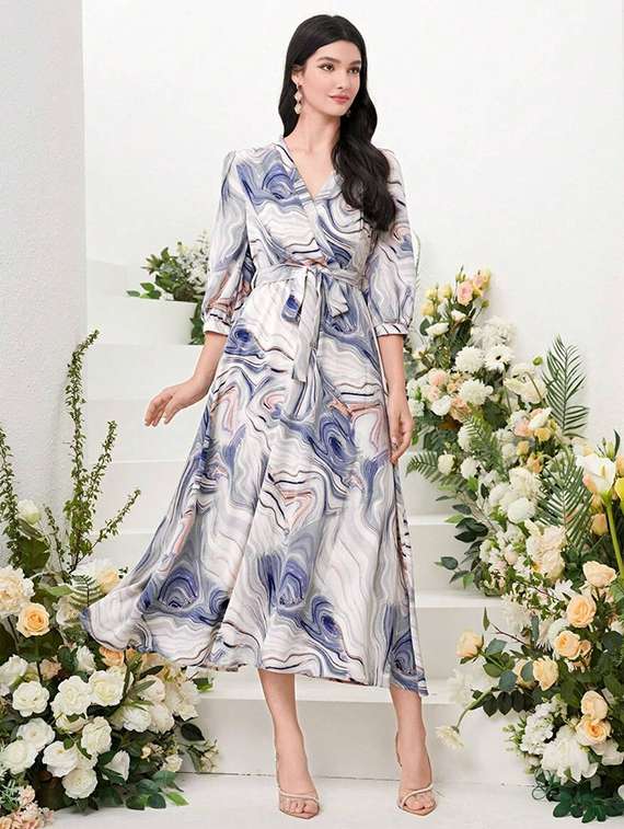 women printed puff sleeve fit & flare dress - 22142615 - Zoom Image - 0