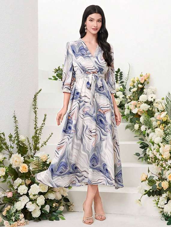 women printed puff sleeve fit & flare dress - 22142615 - Standard Image - 1