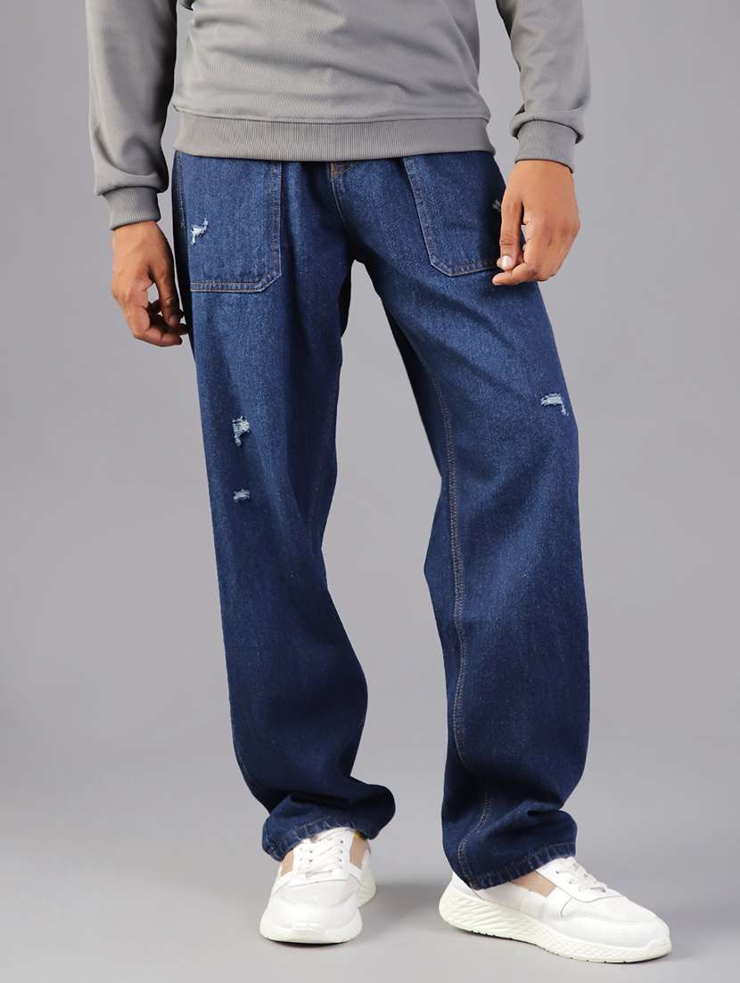 men washed mid rise full length baggy jeans