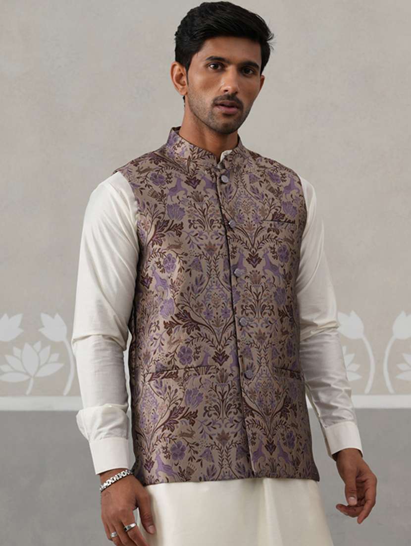 men self design mandarin neck nehru jacket - 22142635 -  Standard Image - 1