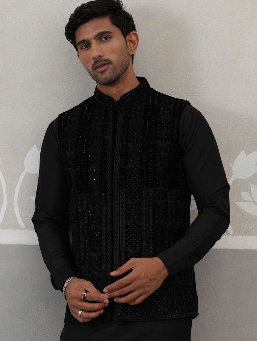 men embroidered mandarin neck nehru jacket - 22142636 -  Standard Image - 1