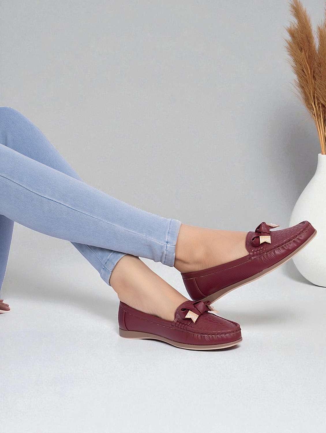 women maroon slip on loafer