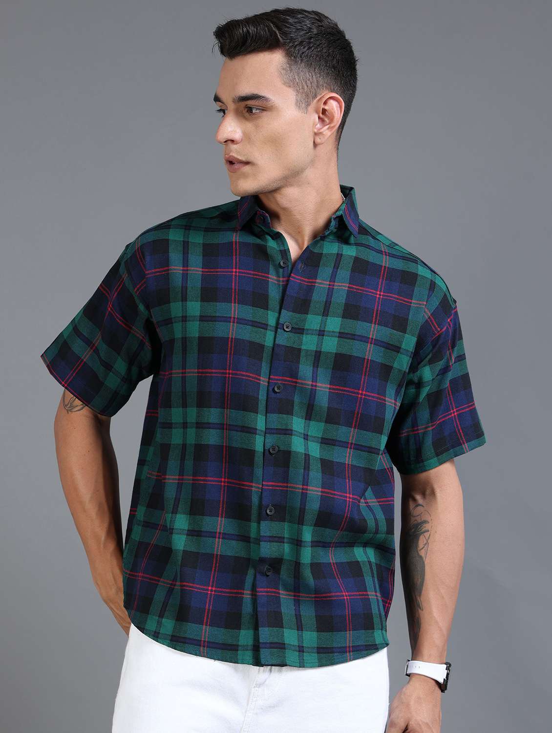 men checkered short sleeve oversized casual shirt - 22142771 - Standard Image - 1