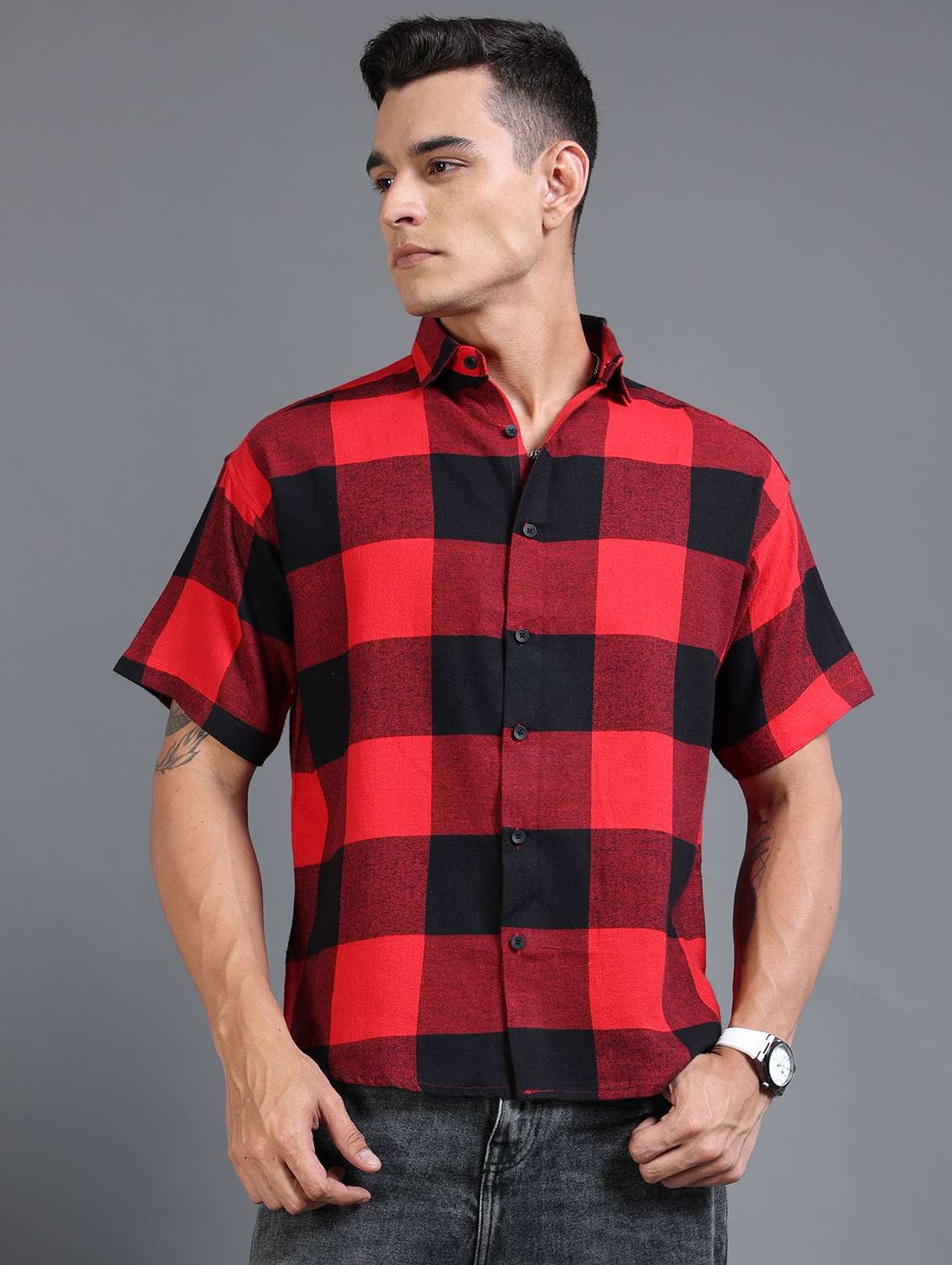 men checkered short sleeve oversized casual shirt - 22142772 - Standard Image - 1