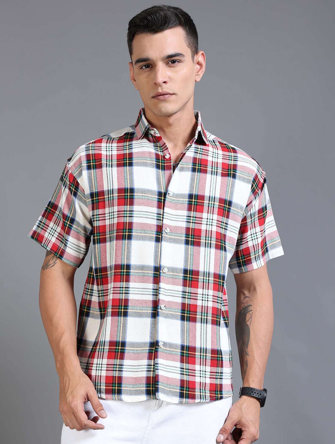 men checkered short sleeve oversized casual shirt - 22142773 - Standard Image - 1