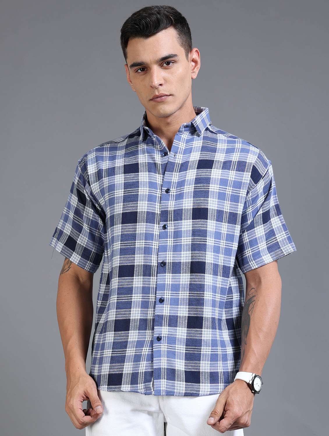 men checkered short sleeve oversized casual shirt - 22142774 - Standard Image - 1